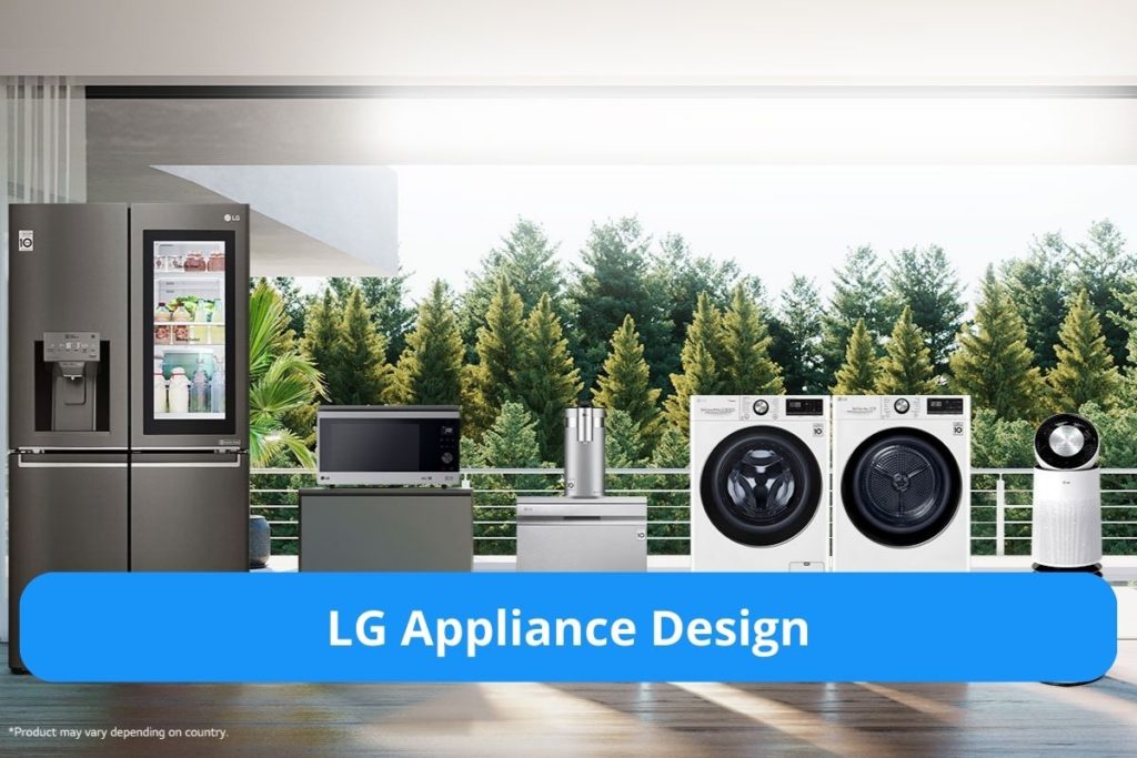 LG Appliances designs for kitchen. Images of refrigerator, washing machine, and other home appliances.