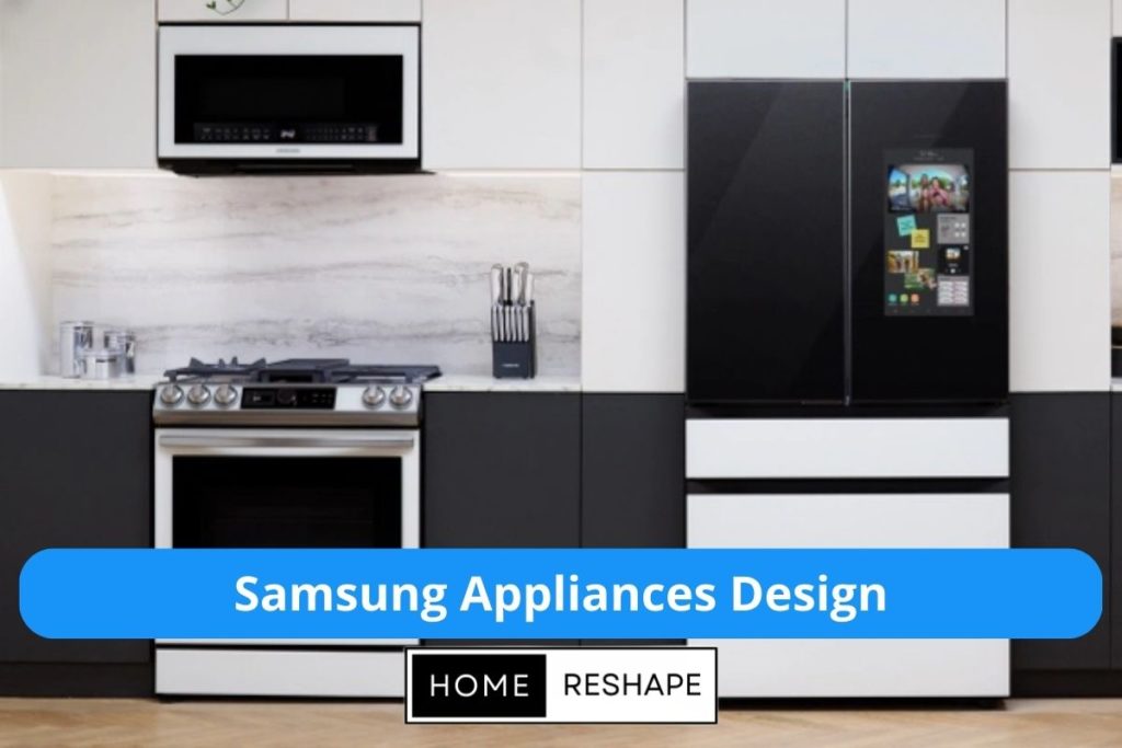 Samsung appliances design for kitchen. Includes microwave, dishwasher, refrigerator and stove top.